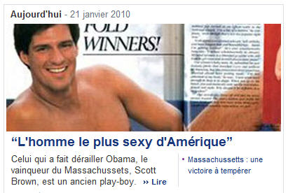 French news points out sexy Republican Scott Brown's Cosmo connection: l'homme le plus sexy d'Amérique! 