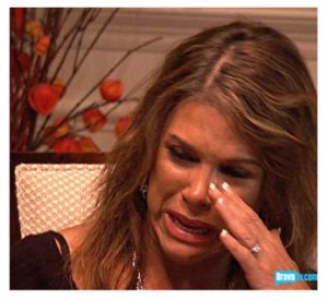 Real Housewives of OC Lynne, teary over teen troubles. 
