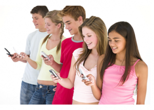 Row of teenagers texting instead of talking