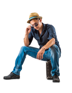 Man sitting looking over sunglasses