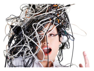 Woman with wires and cables on her head