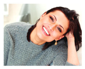 Happy Woman Smiling Gray Sweater