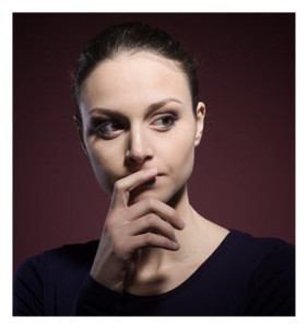 Pensive Woman Hand over Mouth