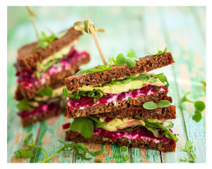 Sandwich of Beet Avocado Arugala