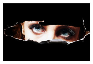 Blue Eyed Woman Peering Through Peep Hole